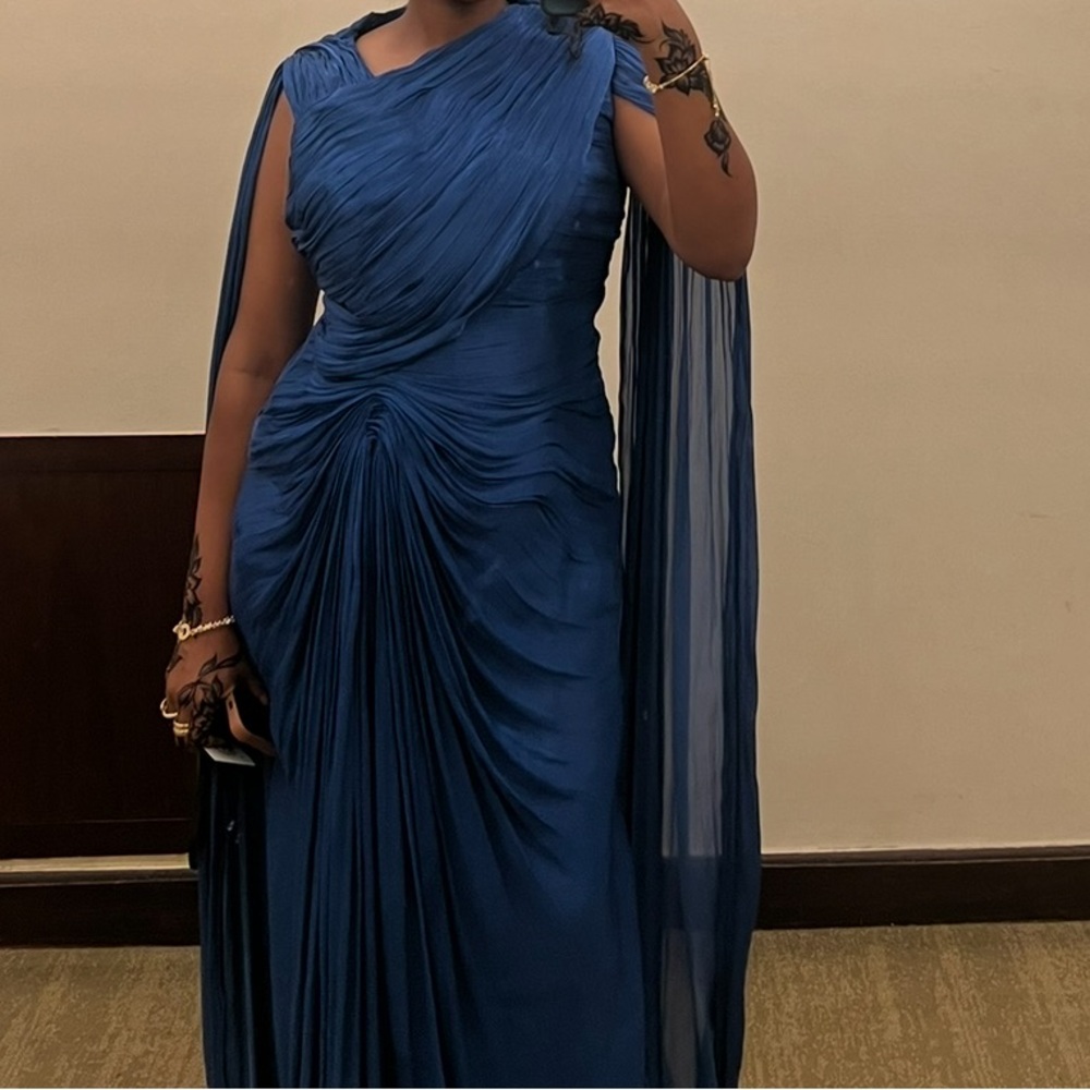 Elegant Navy Blue Draped Evening Gown